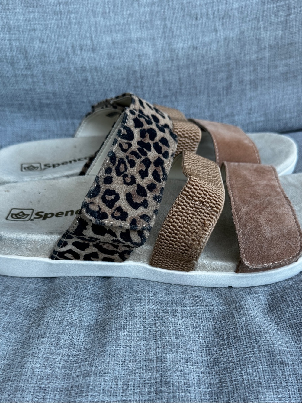 Spenco Orthotic Triple Strap Leopard Slide Sandals Tan Suede (Size 10B)